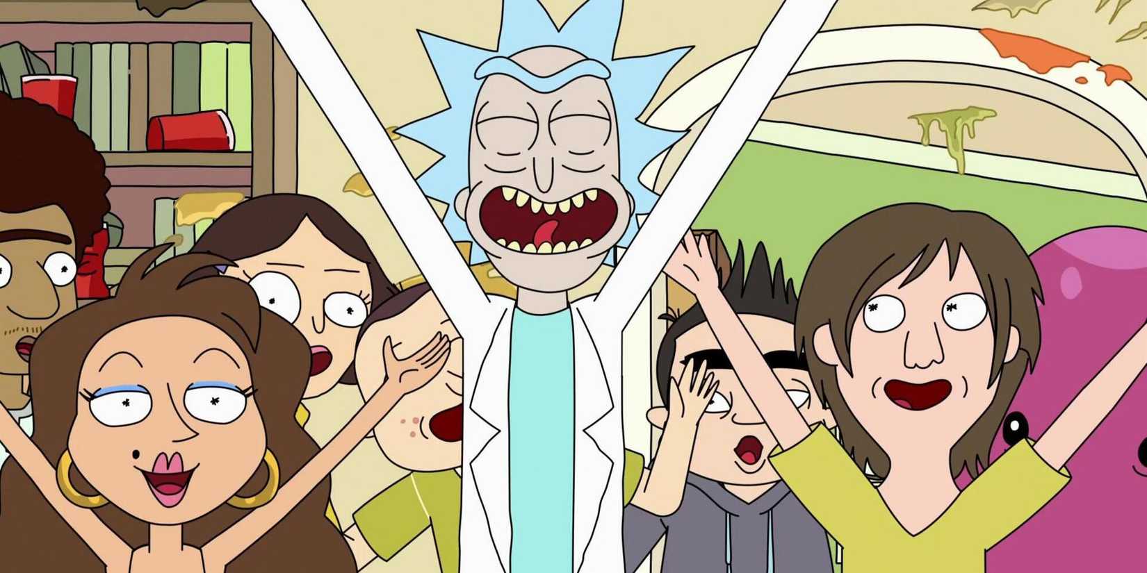 Rick partying with a group of teenagers in the 'Rick and Morty' episode "Ricksy Business"