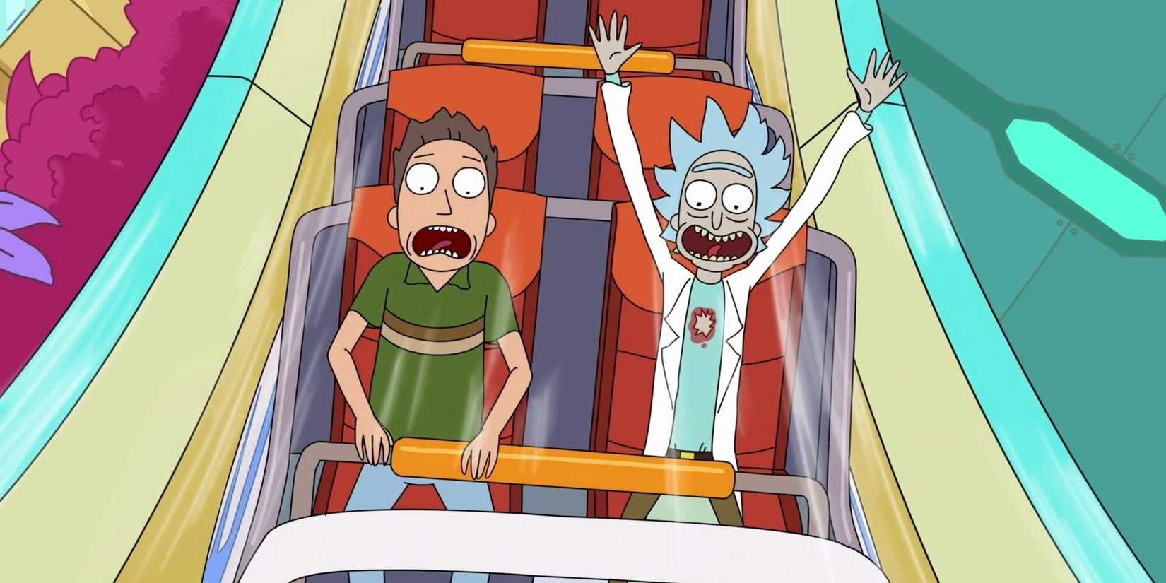 Jerry and Rick riding a rollercoaster together in the 'Rick and Morty' episode "The Whirly Dirly Conspiracy"