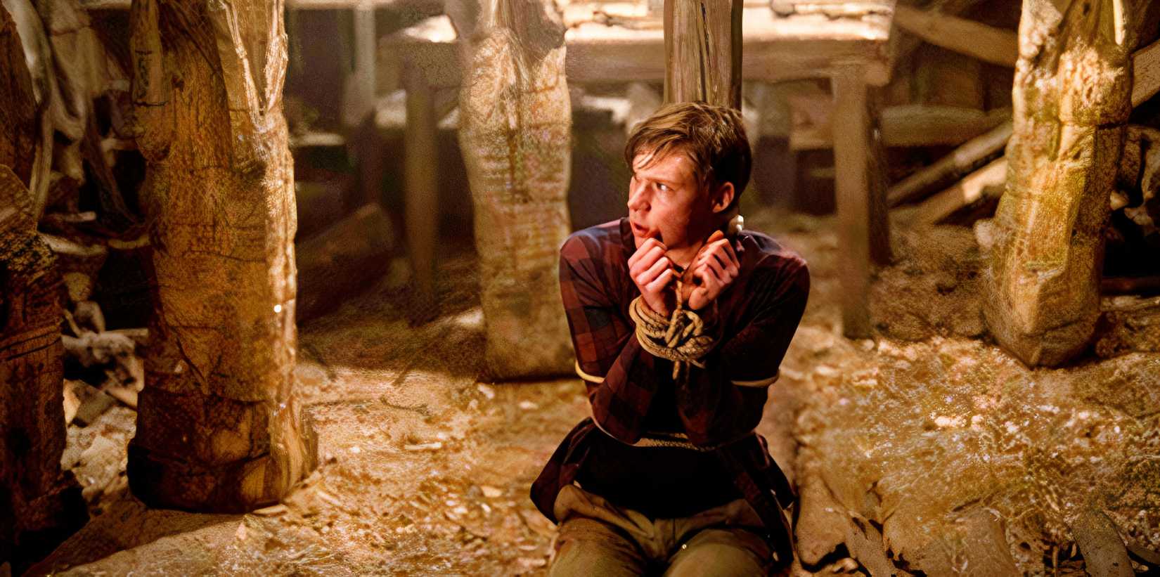 Marius (Šarūnas Rapolas Meliešius) tied up in the folk slasher horror Pensive 