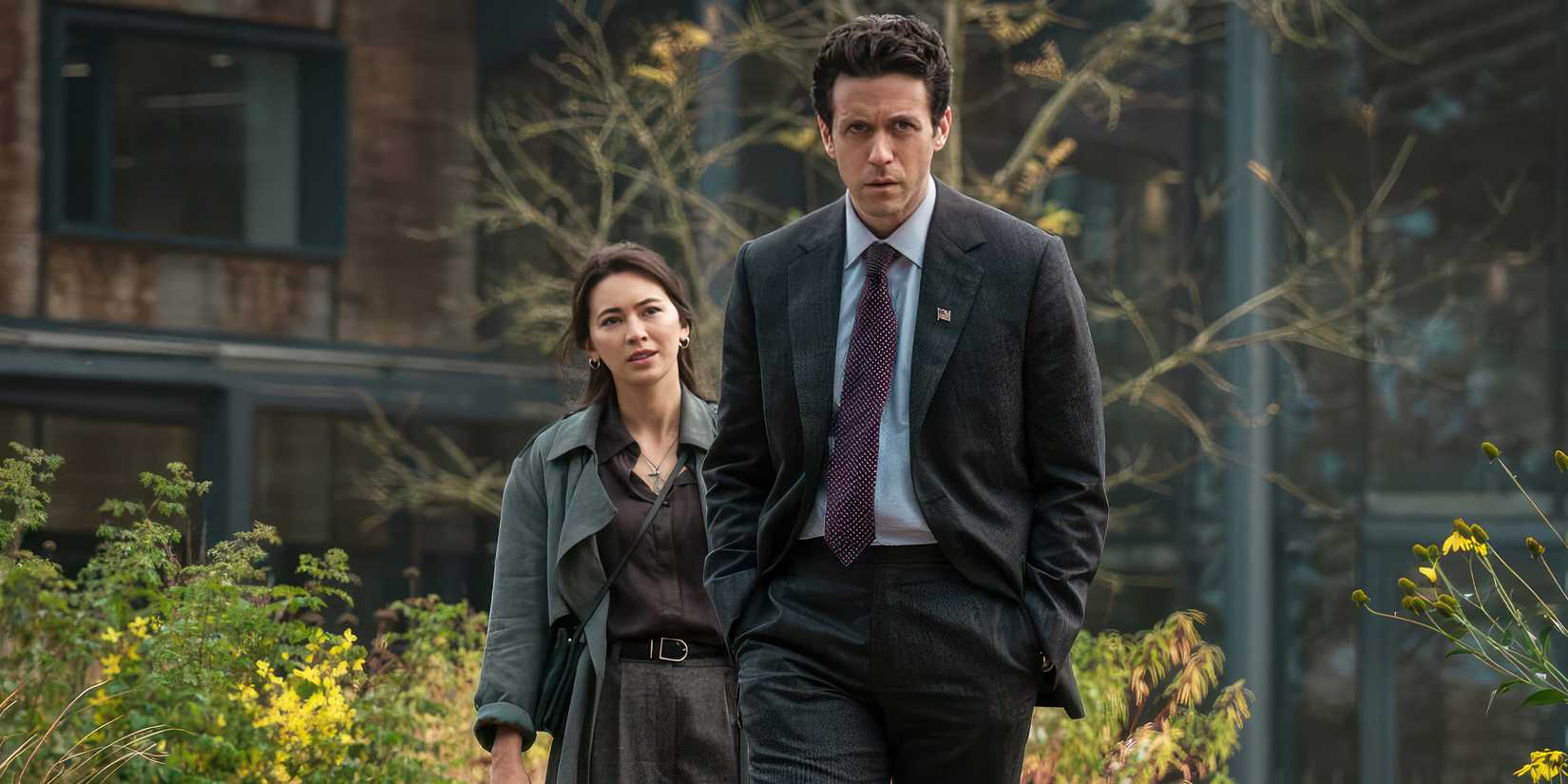 Ashley Zukerman as Congressman Daniel Keene and Jessica Henwick as Helen Drew in Silo