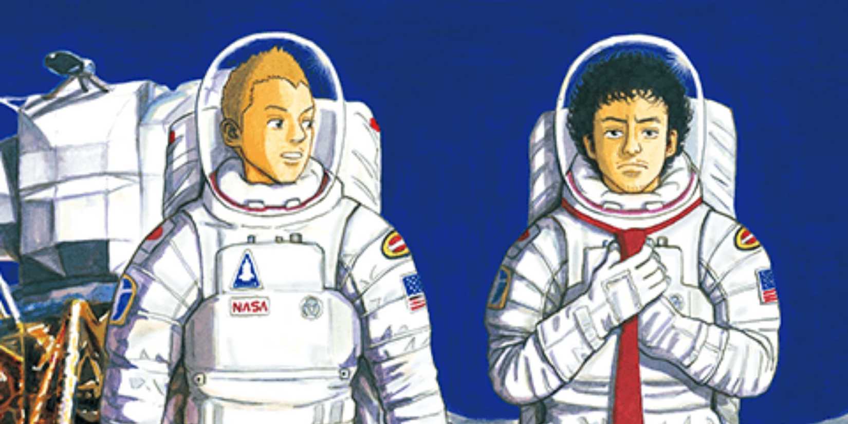 Two astronauts in space, with one wearing a tie in Space Brothers