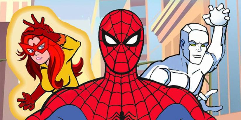 Spider-Man with Firestar and Iceman behind on the poster for the animated series Spider-Man and His Amazing Friends