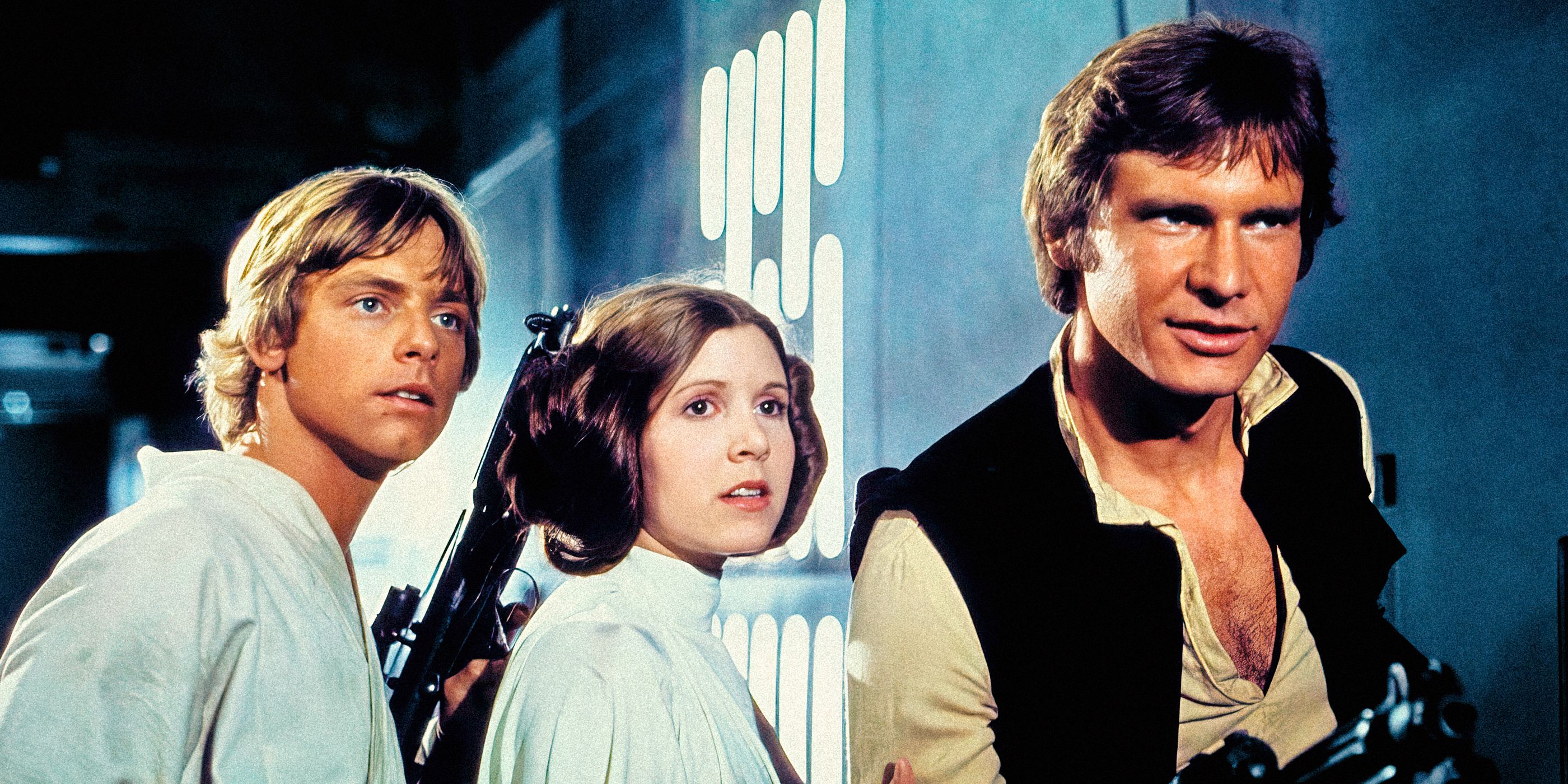 Harrison Ford, Carrie Fisher, Mark Hamill en Star Wars-Episodio IV Una Nueva Esperanza.