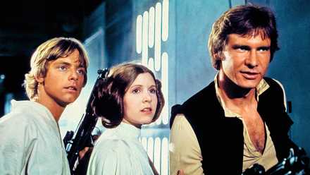 Harrison Ford, Carrie Fisher, Mark Hamill en Star Wars-Episodio IV Una Nueva Esperanza.