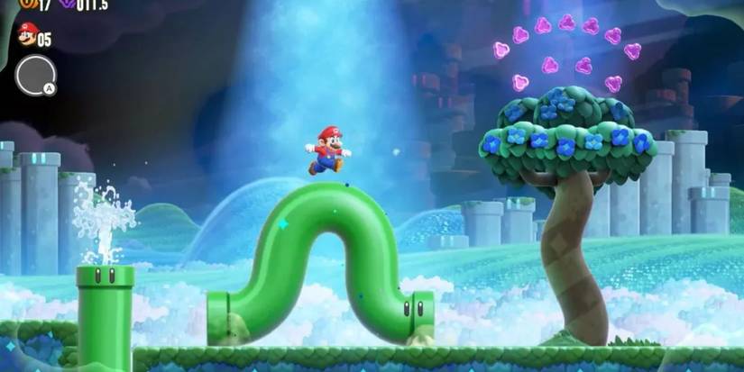 Mario standing on a caterpillar-like pipe in Super Mario Bros. Wonder