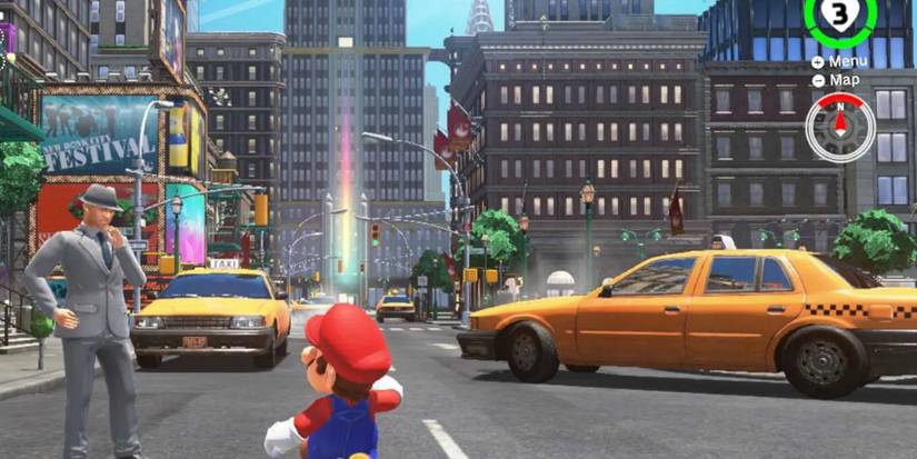 Mario walking around a big city in Super Mario Odyssey