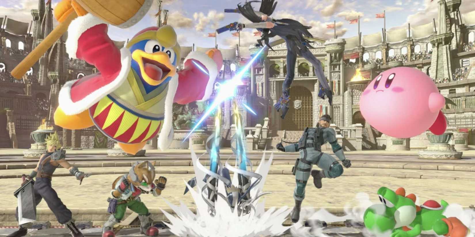 Cloud, Kind Dedede, Fox, Bayonetta, Solid Snake, Yoshi, and Kirby in Super-Smash-Bros.-Ultimate