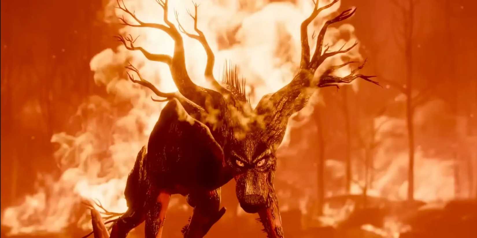 The Firewolf stands in front of an inferno