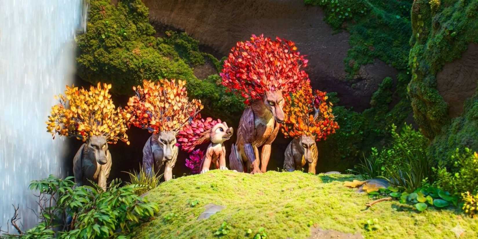 A pack of Treewolves in front of a waterfall