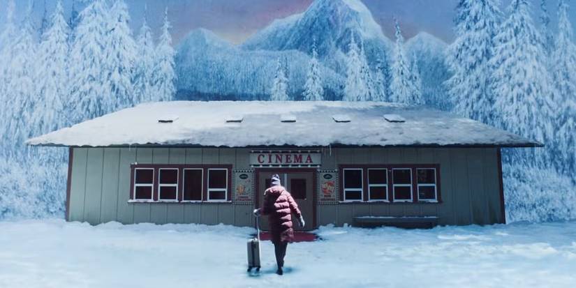 A snow-covered cinema in Teenage Sex and Death at Camp Miasma