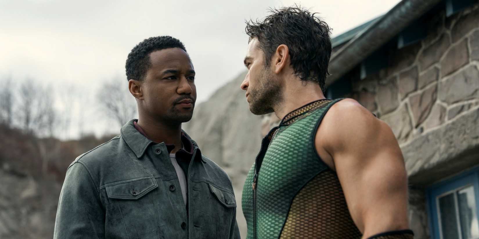 Chace Crawford as The Deep standing outside talking to Jessie T. Usher as A-Train in The Boys Season 5