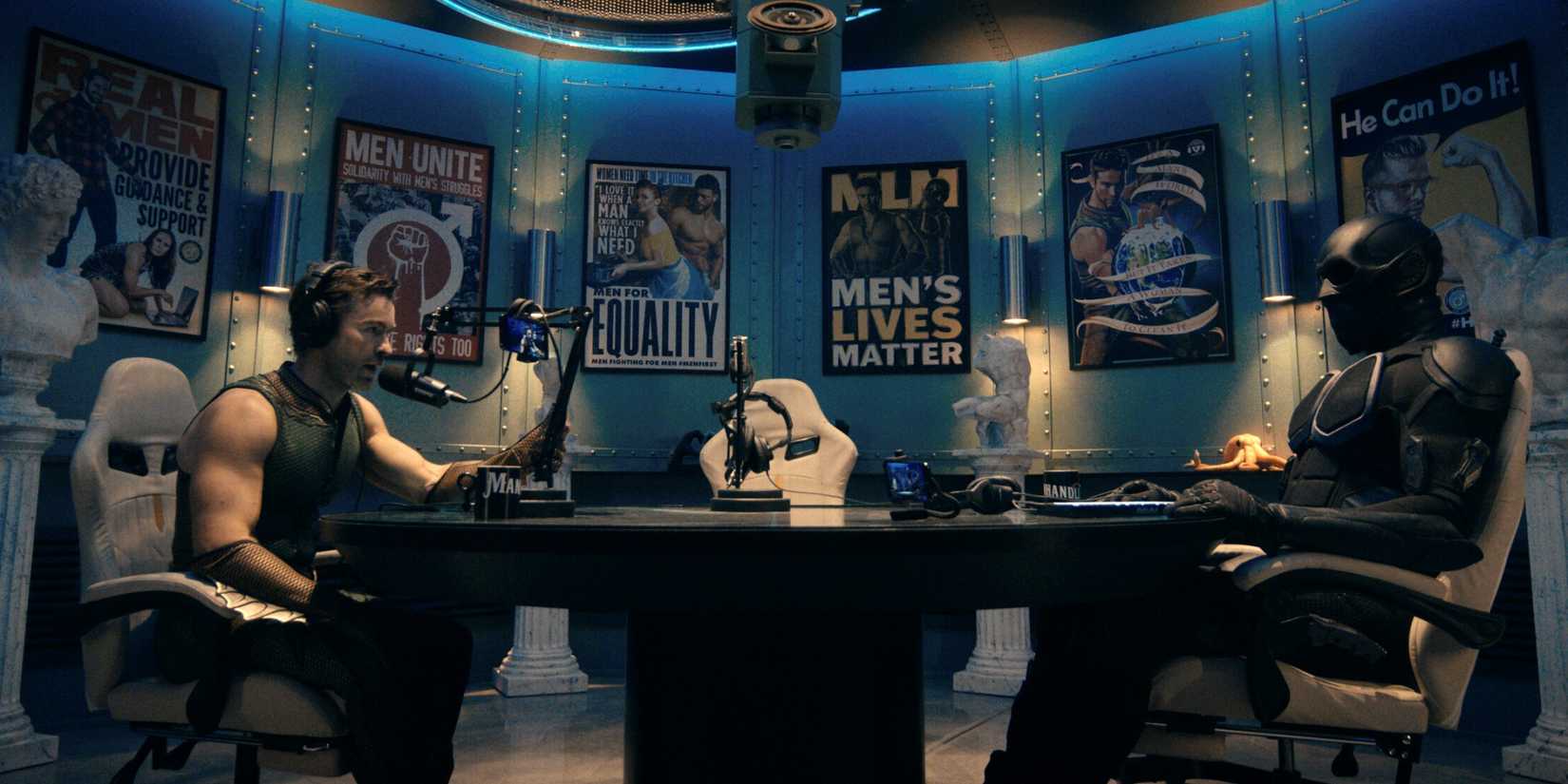 Chace Crawford as The Deep in the podcast studio with Nathan Mitchell as Black Noir in The Boys Season 5