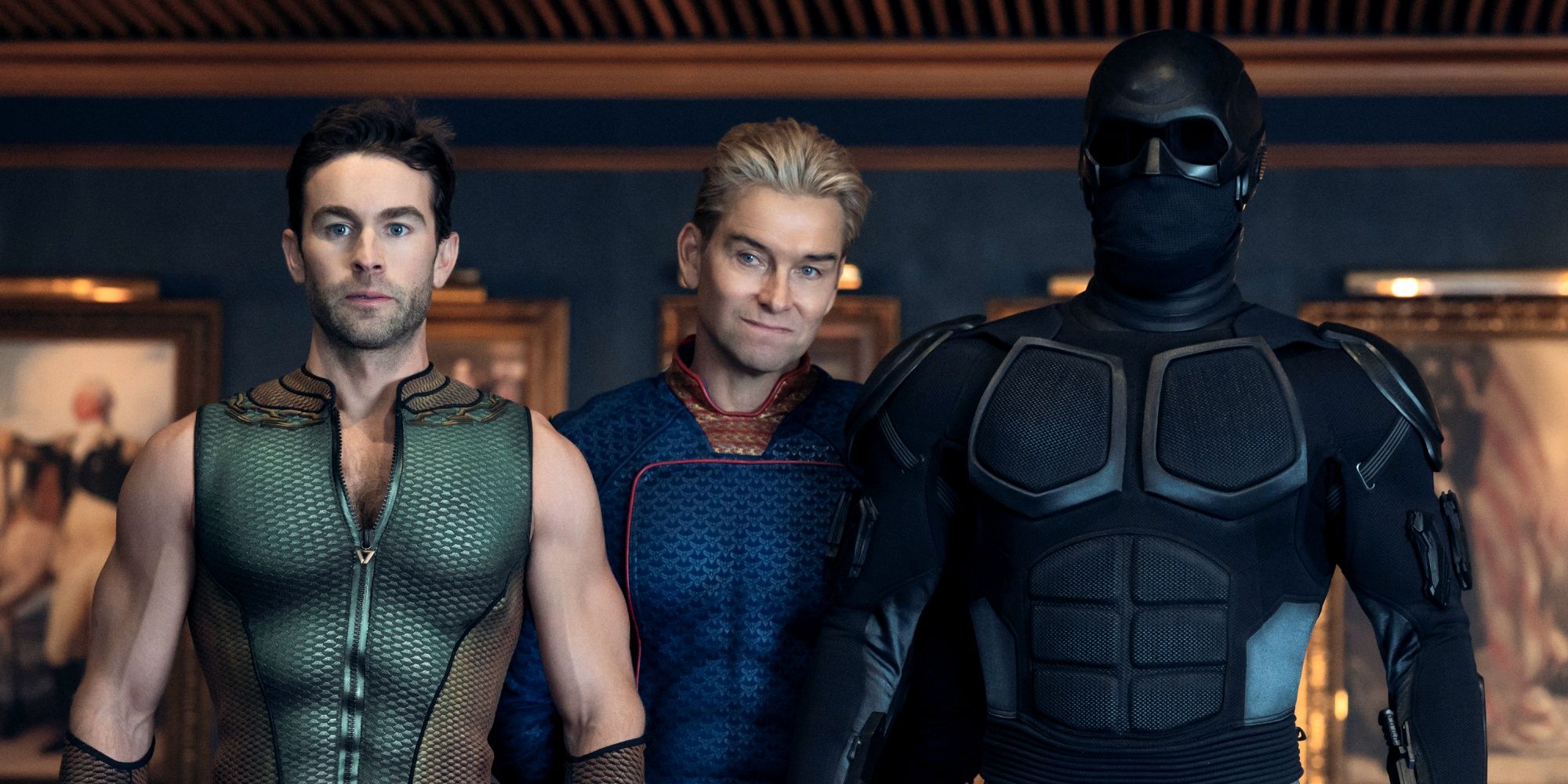 Antony Starr as Homelander between Chace Crawford as The Deep and Nathan Mitchell as Black Noir in The Boys