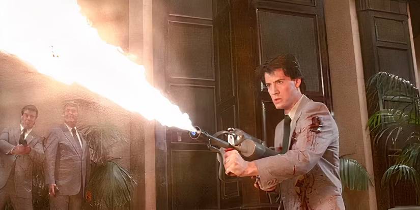 Kyle MacLachlan firing a flamethrower in The Hidden