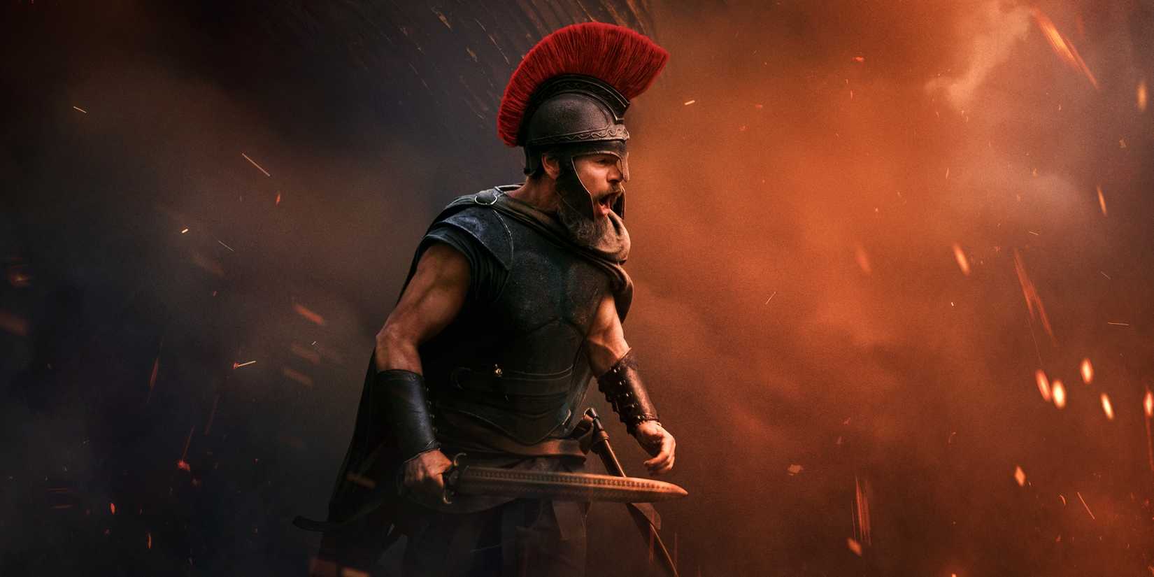 Matt Damon as Odysseus in armor with a helmet and sword for the poster artwork for The Odyssey