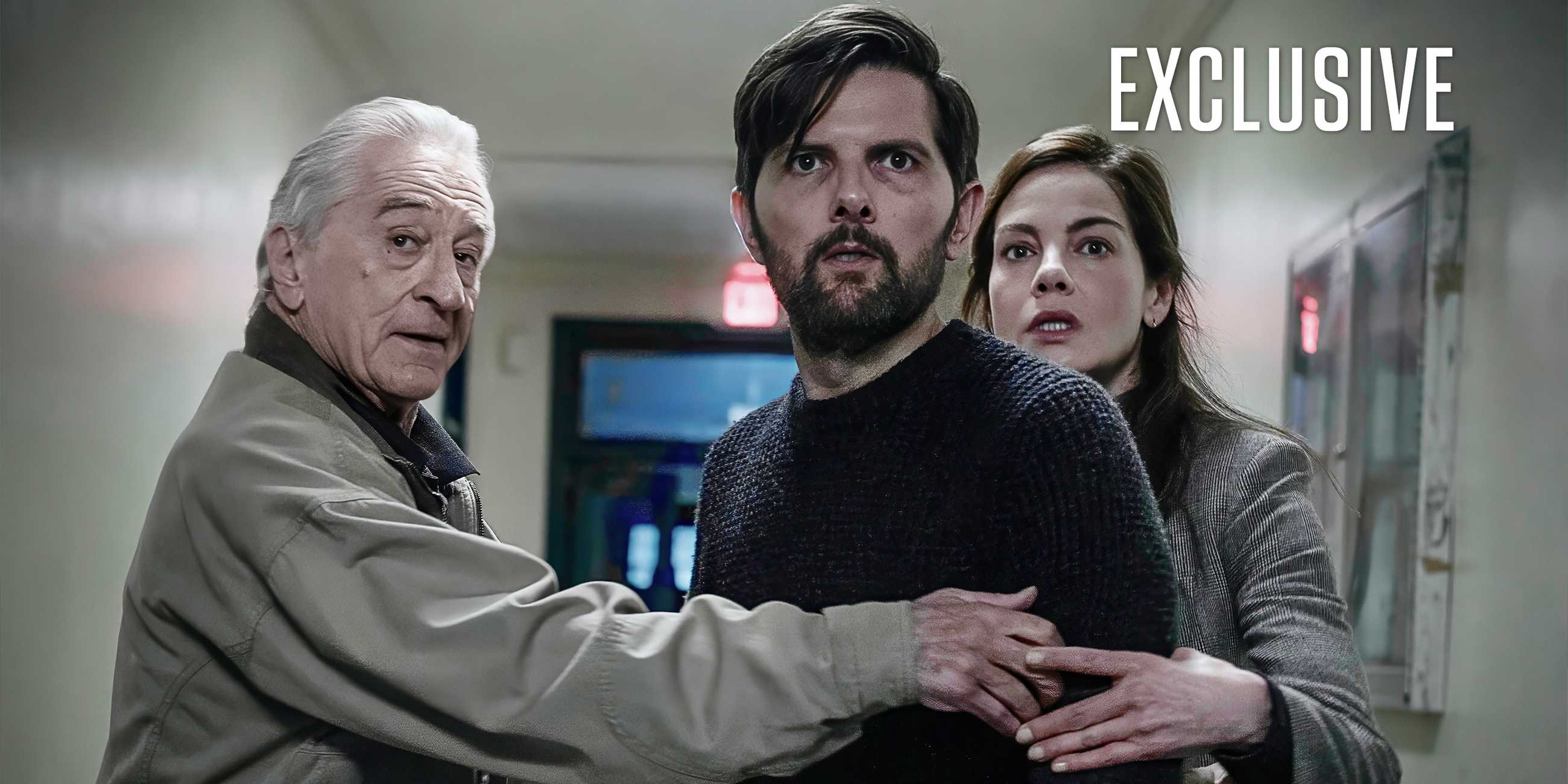 Robert DeNiro and Michelle Monaghan holding a tired-looking Adam Scott in an exclusive image for The-Whisper-Man