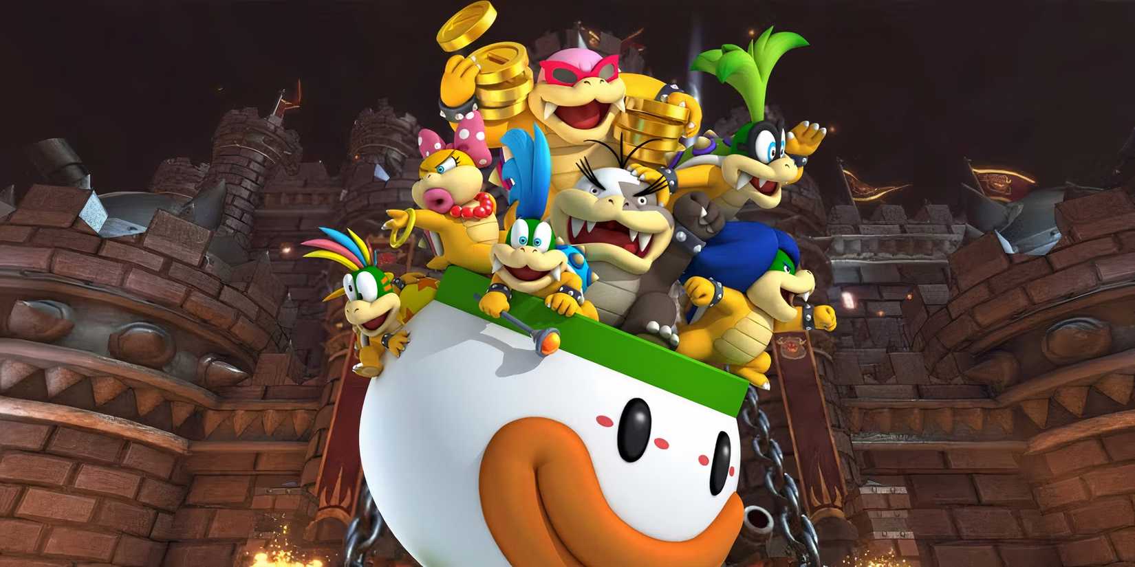 All 7 of the Koopalings traveling in a Koopa Clown Car
