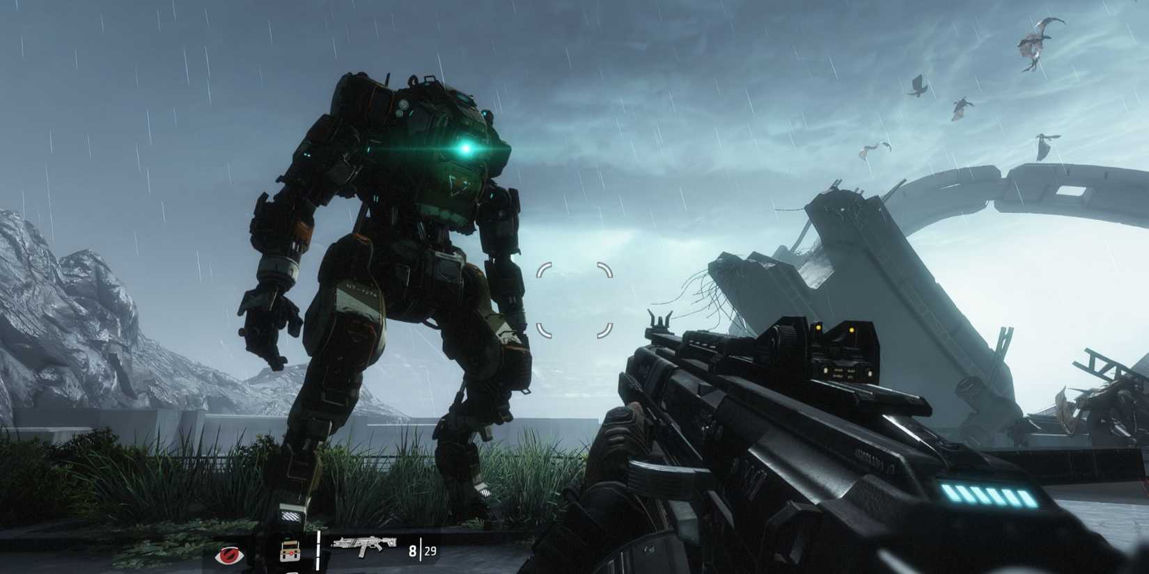 A man with a gun looking at a mech in the rain in Titanfall 2