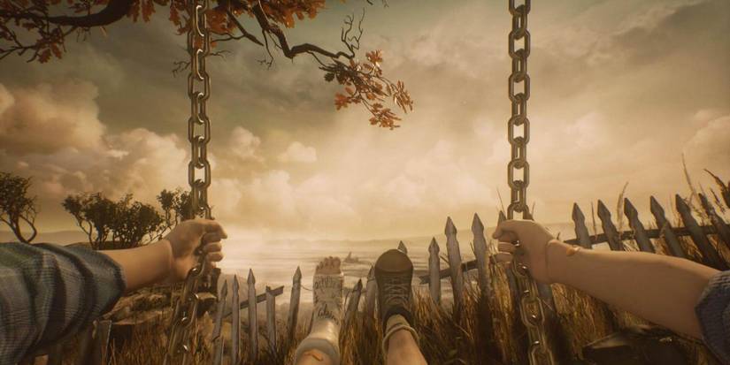 A person swinging in front of a lake in What Remains of Edith Finch
