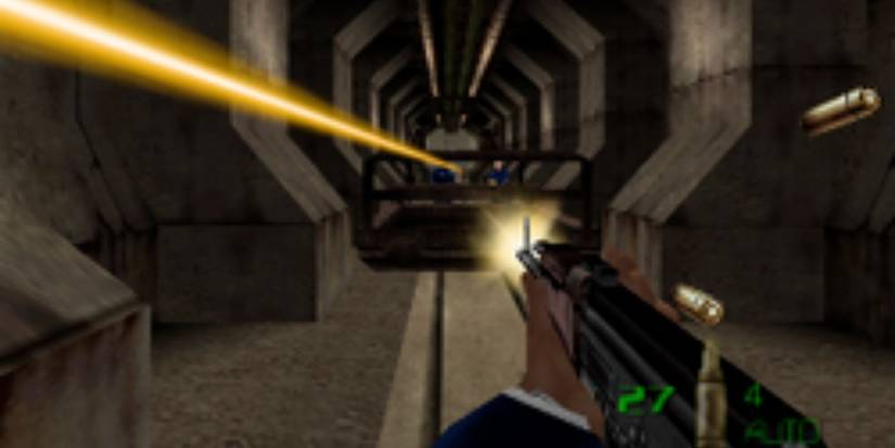 A character shooting down a tunnel in The World is Not Enough game
