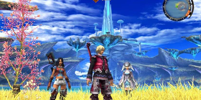 Characters from Xenoblade Chronicles in a field