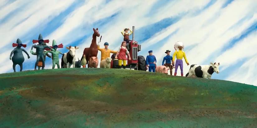 The cast of 'A Town Called Panic' (2009) looking off into the horizon while on the top of a hill