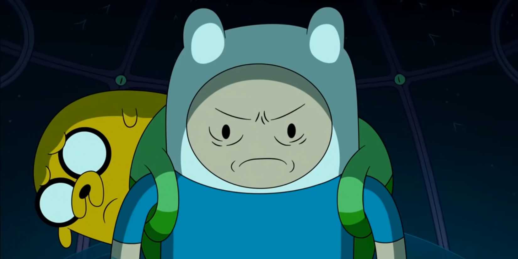Finn and Jake looking scared but determined in Adventure Time