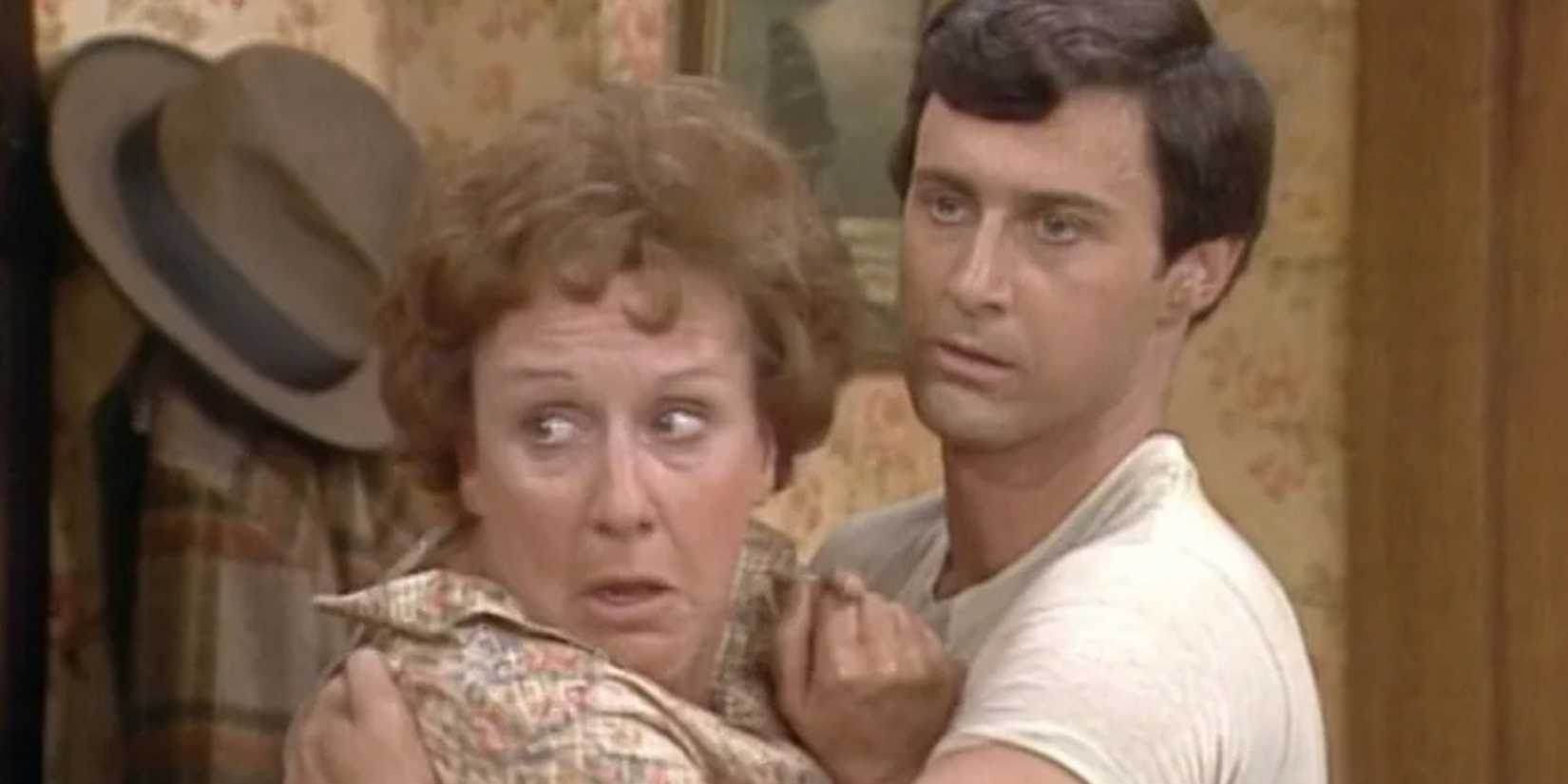 Jean Stapleton as Edith Bunker and Eugene Roche as Pinky Peterson in the 'All in the Family' episode "Edith's 50th Birthday.'