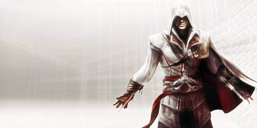 Ezio wearing his Assassin clothing with both hidden blades drawn in Assassin's Creed II
