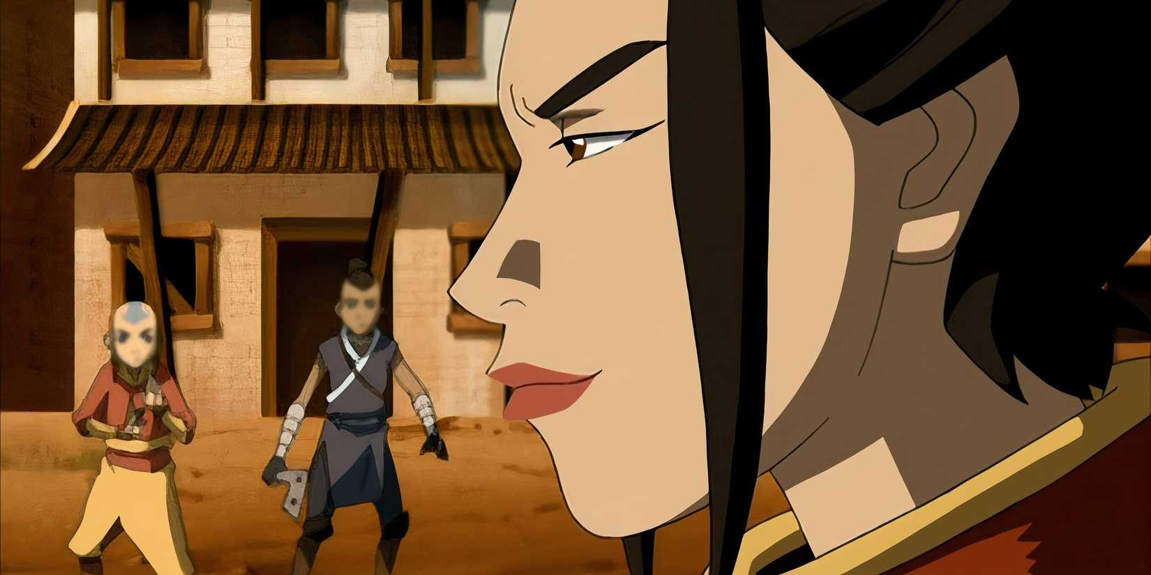 Azula in the foreground with Aang and Sokka in the background in Avatar: The Last Airbender Season 2, Episode 8