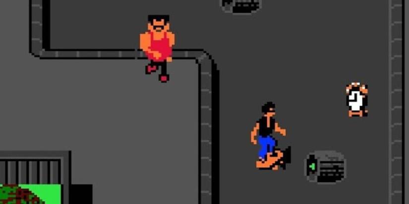 A pixelated Marty McFly on a skateboard riding down the street in the NES version of 'Back to the Future'