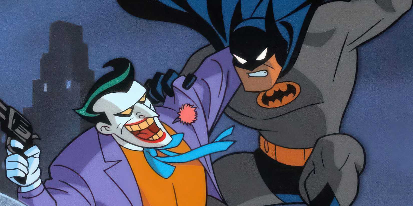 Batman leaping at a smiling Joker in Batman: The Animated Series