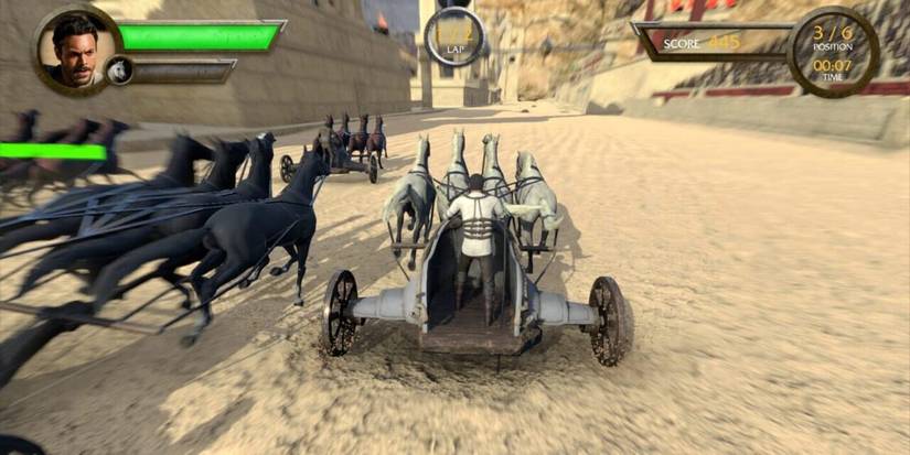 Various horse-led carriages competing in a race in the video game adaptation of the 2016 'Ben-Hur' remake.