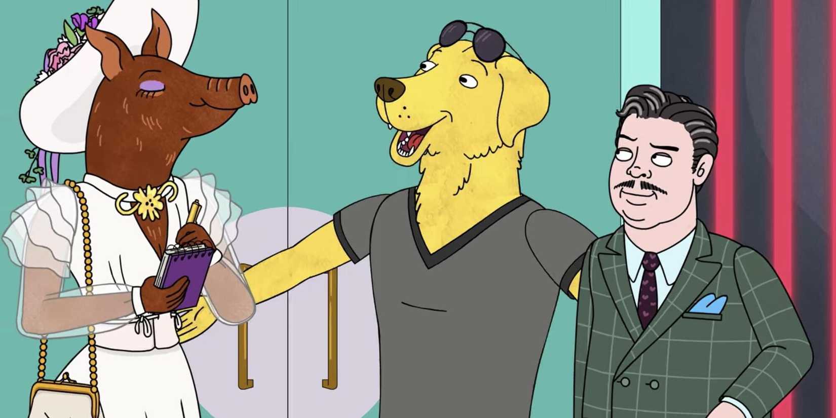 Paige, Max, and Mr. Peanutbutter standing together in the Bojack Horseman episode "Sunk Cost and All That"