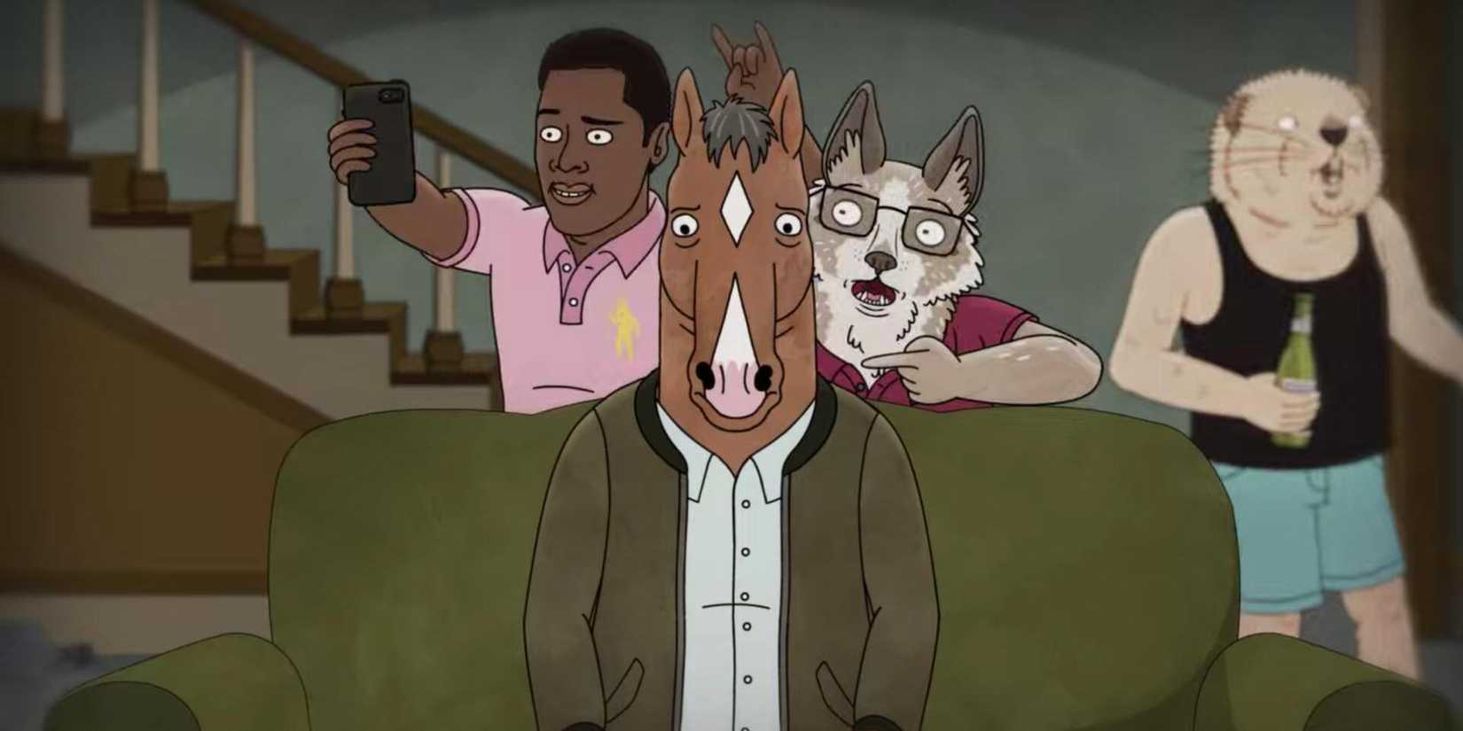 Bojack sitting on a green couch looking depressed in the Bojack Horseman episode 'The Horny Unicorn'
