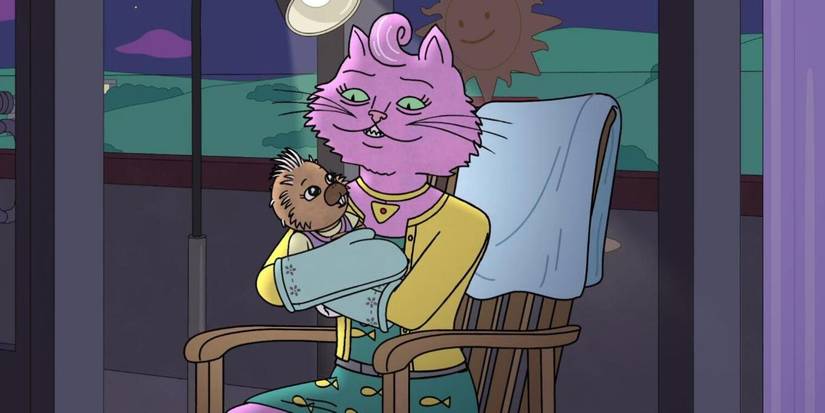Princess Carolyn holding a baby porcupine in her arms while wearing oven mitts and sitting in a wooden chair in the Bojack Horseman episode 'The New Client'