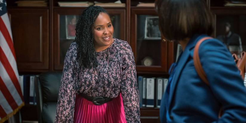 Brittany L. Smith as Peggy talking to someone in the mayor's office in Serenity in Sweet Magnolias