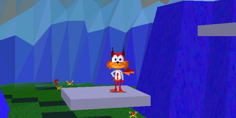 Bubsy the Bobcat standing on a gray, textureless platform in 'Bubsy 3D'