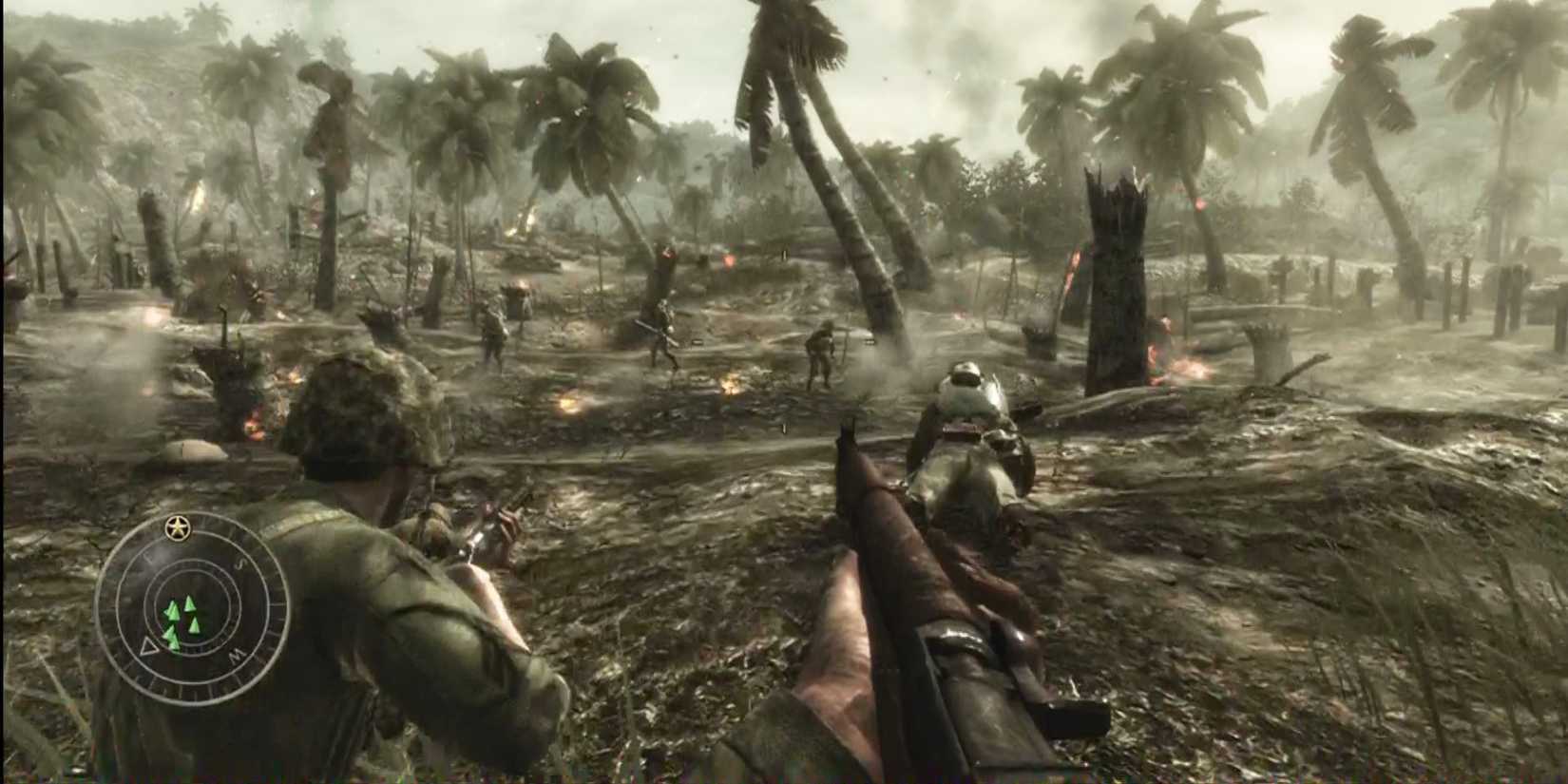 First-person view of a war fought in a jungle in Call of Duty_ World at War