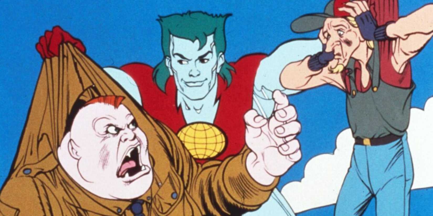 Captain Planet apprehending Hoggish Greedly and Rigger on 'Captain Planet and the Planeteers.'