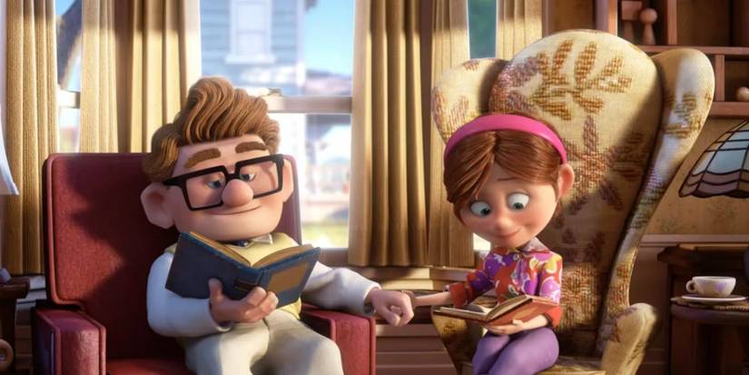 Carl and Ellie holding hands while sitting in upholstered chairs next to each other and reading in Up