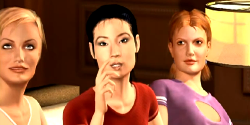 Polygonal versions of Luci Liu, Cameron Diaz, and Drew Barrymore as their characters in Charlie's Angels in the Ps2 version of 'Charlie's Angels'.