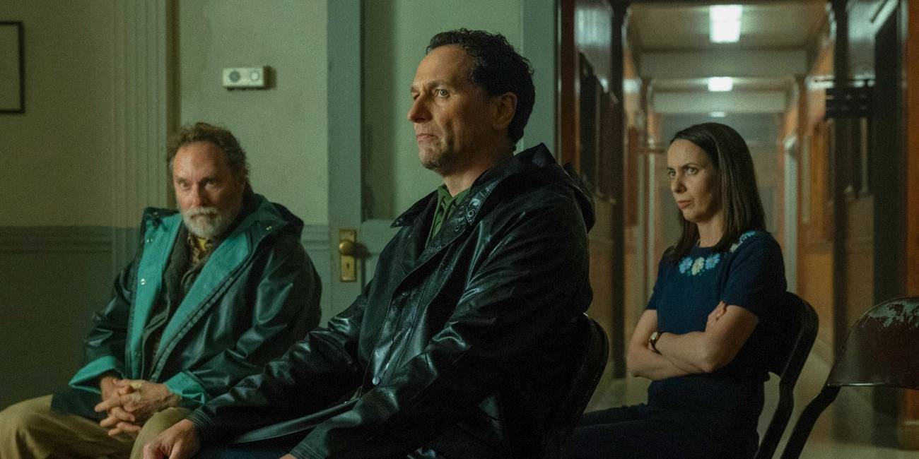 Matthew Rhys as Tom, Stephen Root as Wyck, and Kate O'Flynn as Patricia sitting together in Widow's Bay