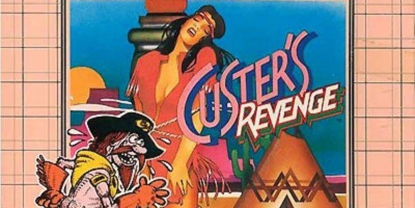 A naked cowboy looking at a woman tied to a pole on the boxart for controversial video game 'Custer's Revenge'