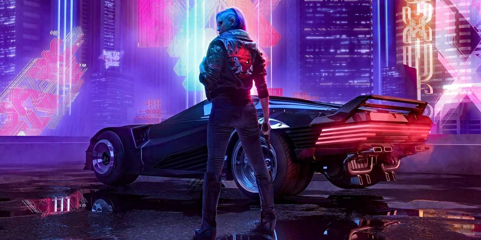 A character with their back to the viewer with a car in the background in Cyberpunk 2077