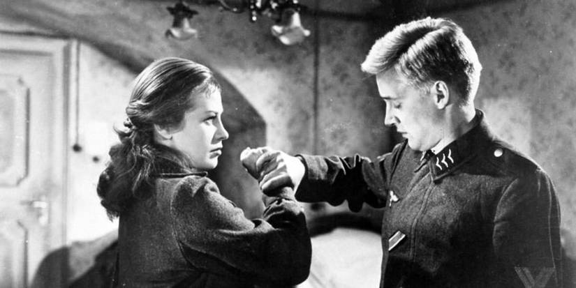 A scene from the 1951 film Decision Before Dawn, featuring actors Oskar Werner and Hildegard Knef.