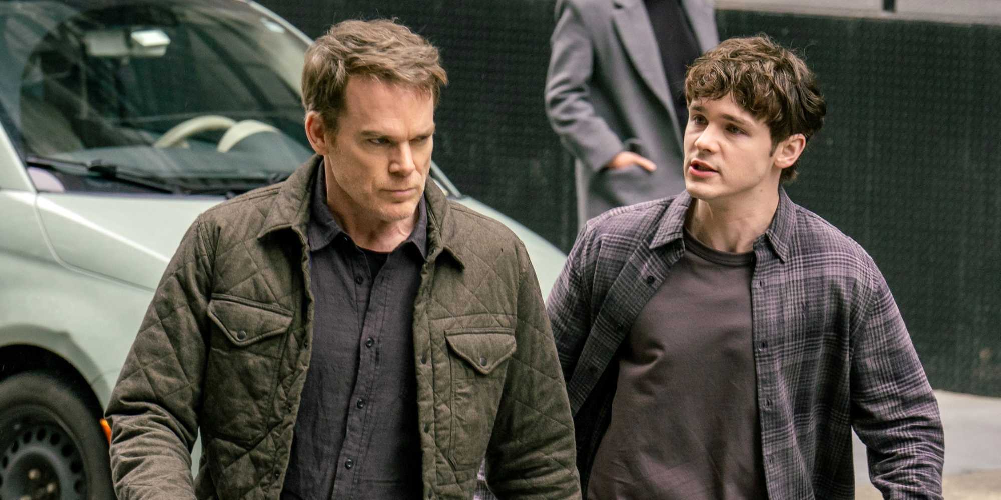 Michael C. Hall as Dexter walking in New York with Jack Alcott as Harrison in Dexter: Resurrection