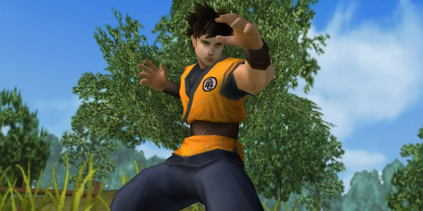 A polygonal version of Justin Chatwin as Goku striking a pose in "Dragonball Evolution: The Game" for the PSP