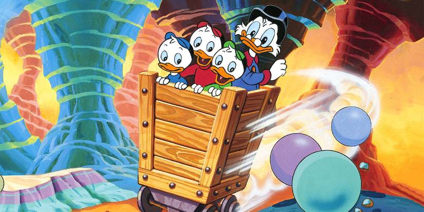 Uncle Scrooge and his nephews riding in a cart in DuckTales.