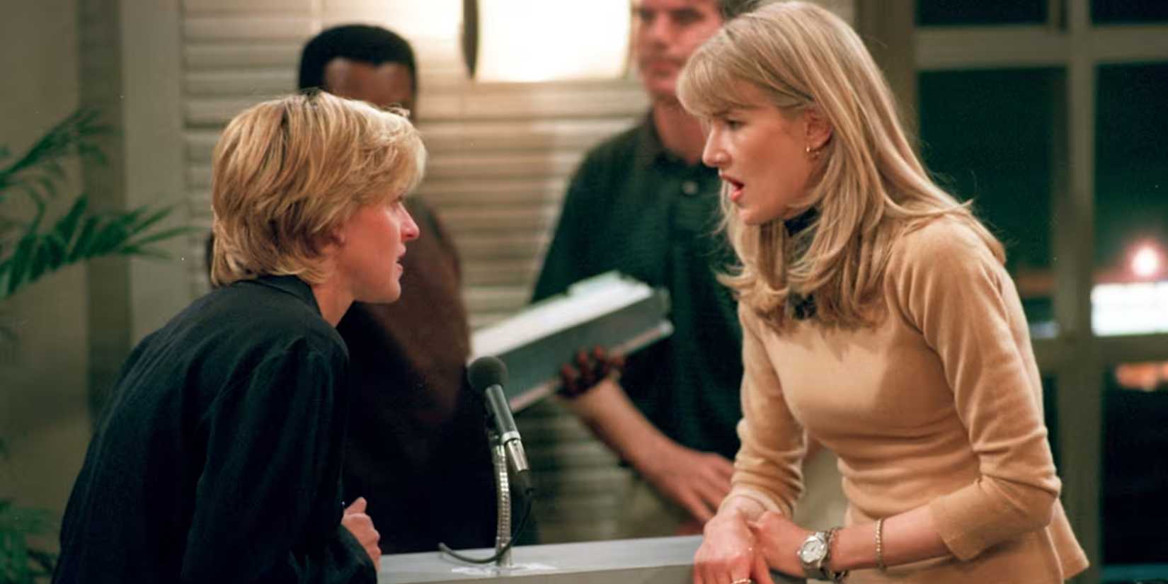 Ellen DeGeneres as Ellen Morgan and Laura Dern as Susan Richmond in the 'Ellen' episodoe "The Puppy Episode."